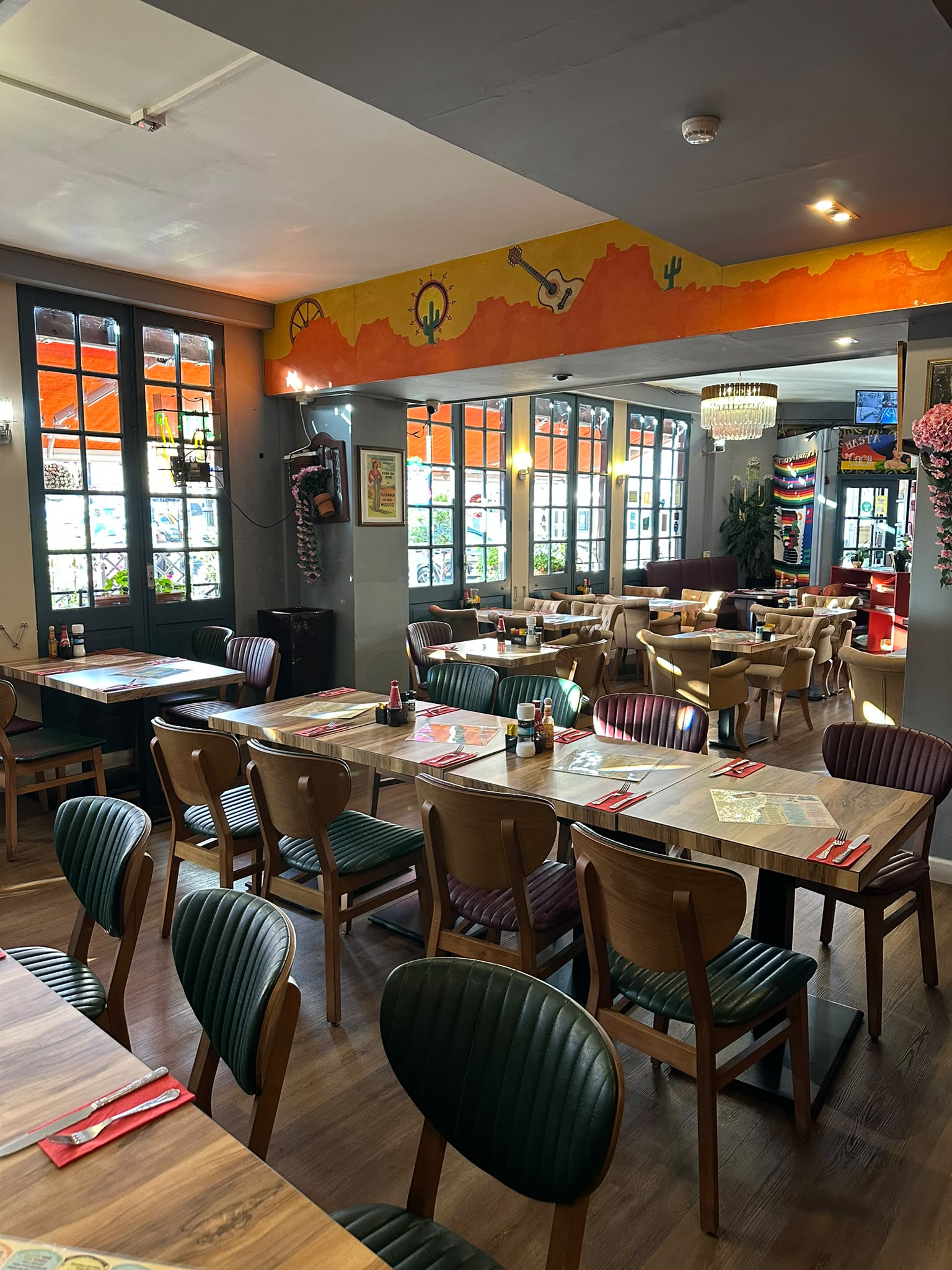 Vibrant, colourful dining room interior inside Fiesta Mexicana in Orpington